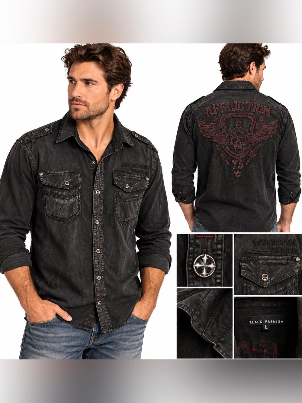 Affliction Black Premium Mens L Skull Wings 73 Embroidered Button Up Shirt